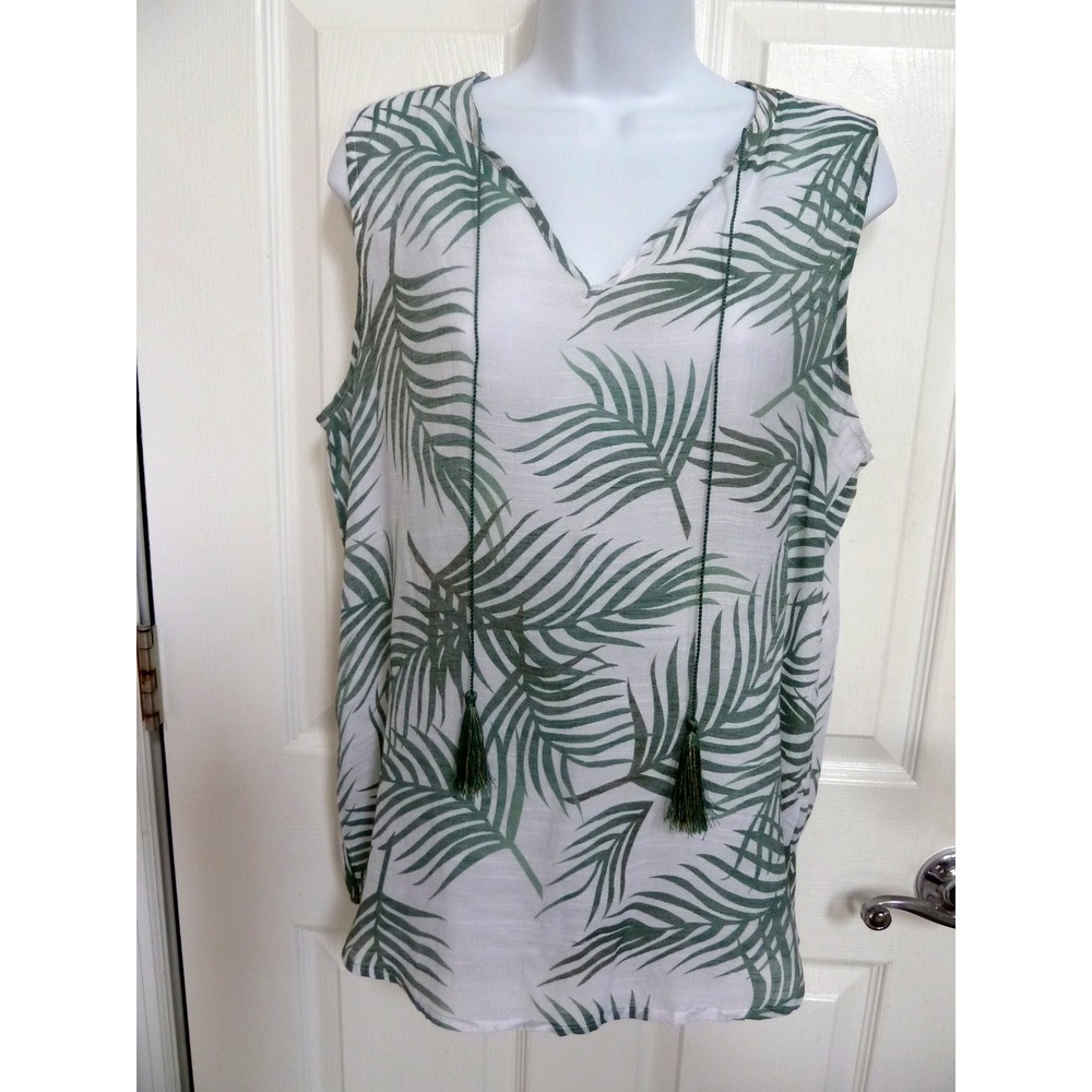 Harve Benard Womens Med Tropical Tasseled Sleeveless Blouse Green White HBW617